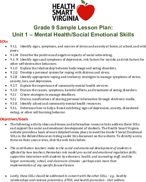 Mental Health/Social Emotional Skills Lesson Plan