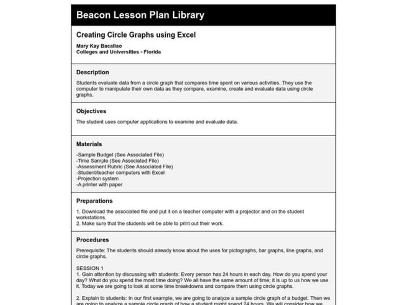 Creating Circle Graphs using Excel Lesson Plan
