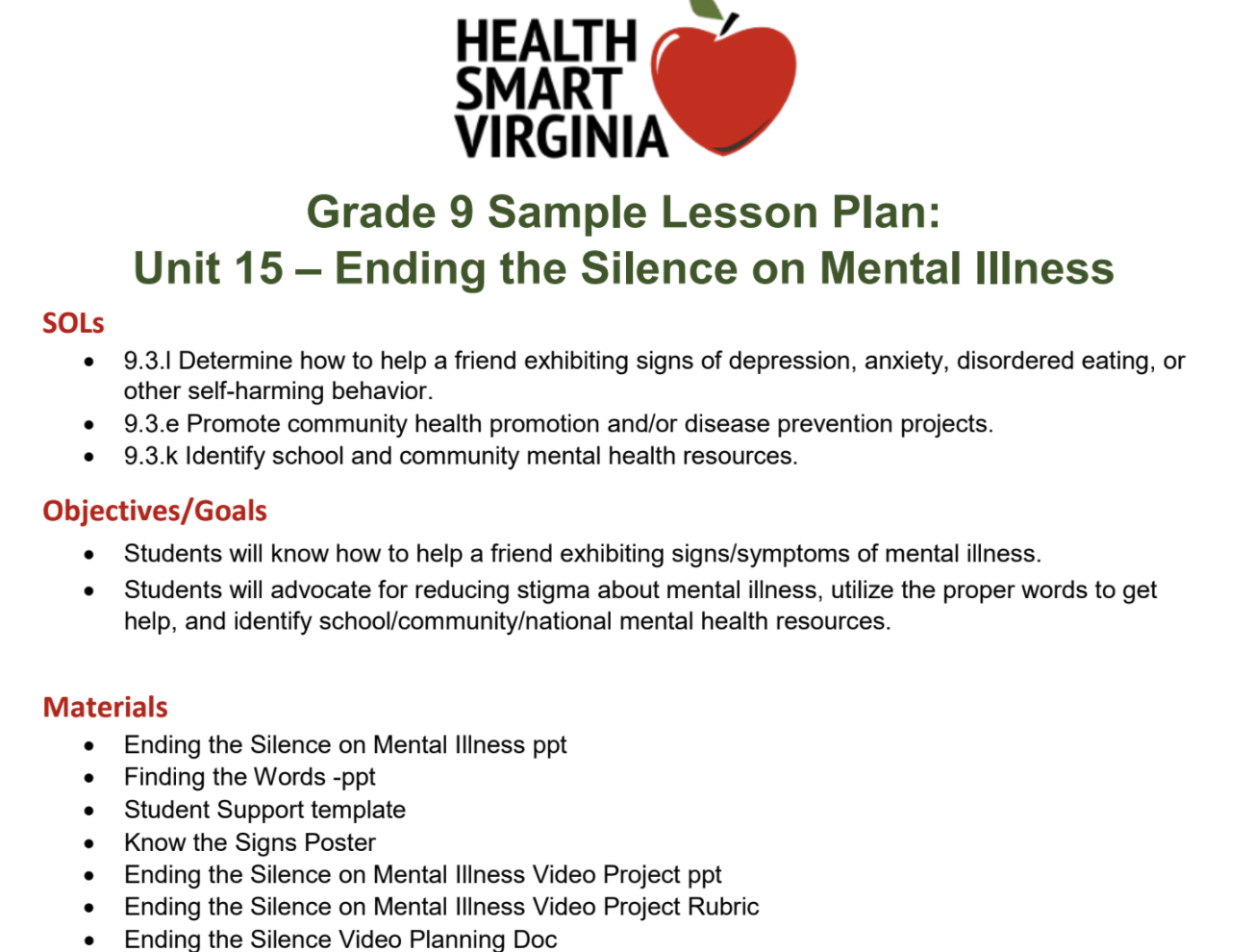 Ending the Silence on Mental Illness Lesson Plan