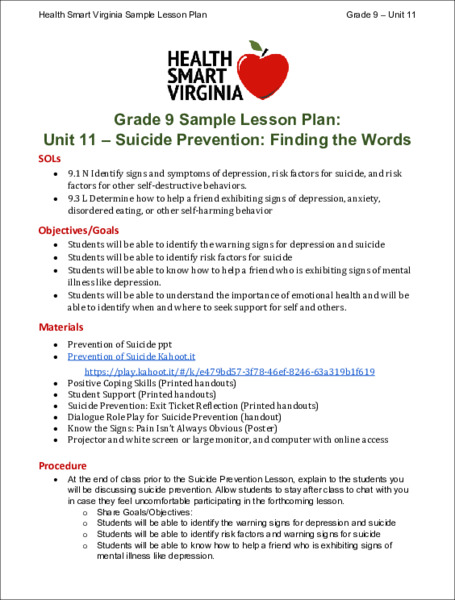 Suicide Prevention - Finding the Words Lesson Plan