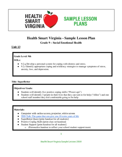 "SuperBetter" Stress Management Lesson Plan