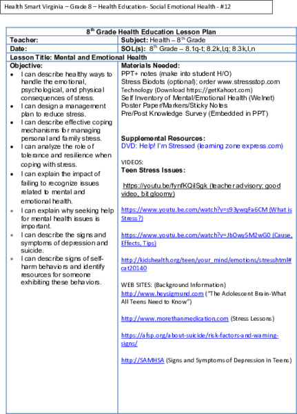 Mental and Emotional Health Lesson Plan