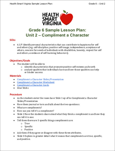 Compliment a Character Lesson Plan