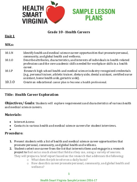Health Careers Lesson Plan