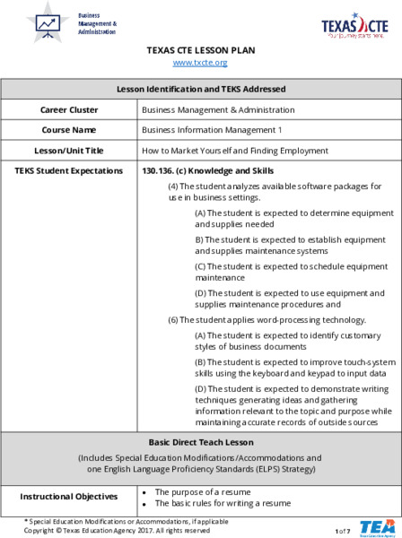 How to Market Yourself and Finding Employment Lesson Plan