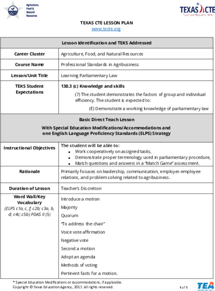 Learning Parliamentary Law Lesson Plan