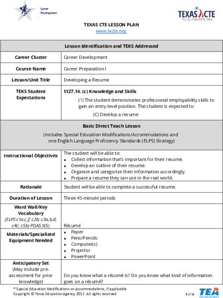 Developing a Résumé Lesson Plan
