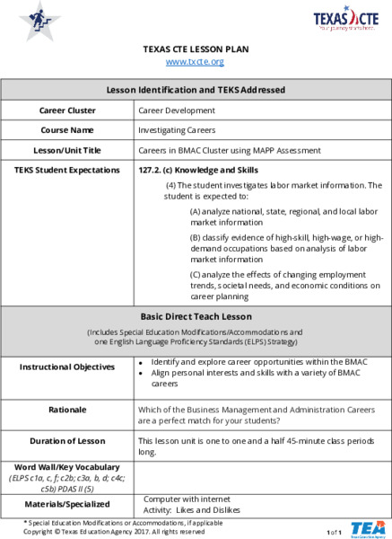 Careers in BMAC using MAPP Lesson Plan