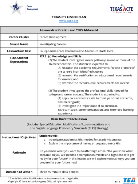 College and Career Readiness - The Adventure Starts Here! Lesson Plan
