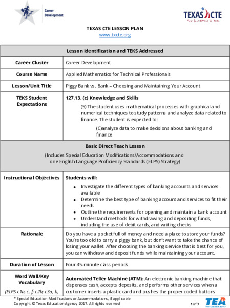 Piggy Bank vs. Bank – Choosing and Maintaining Your Account Lesson Plan