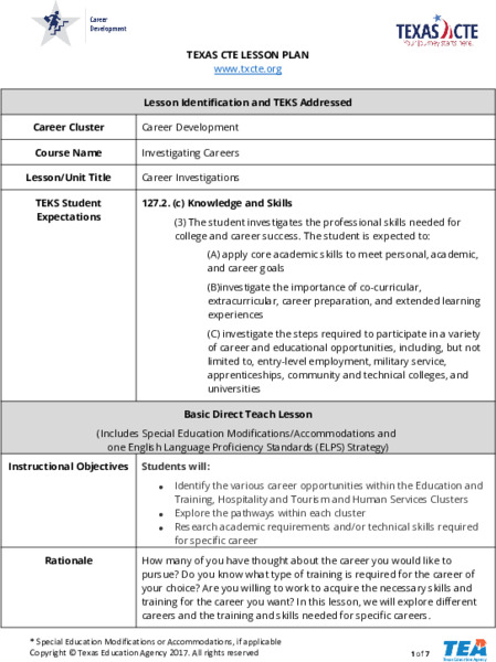 Career Investigations Lesson Plan