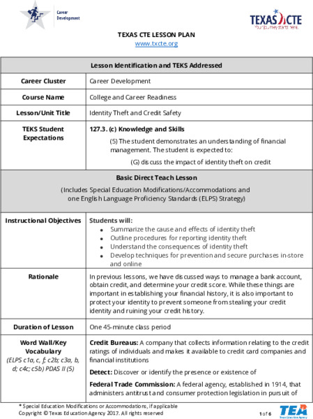 Identity Theft and Credit Safety Lesson Plan