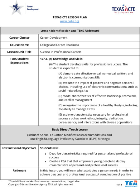 Success in Professional Careers Lesson Plan
