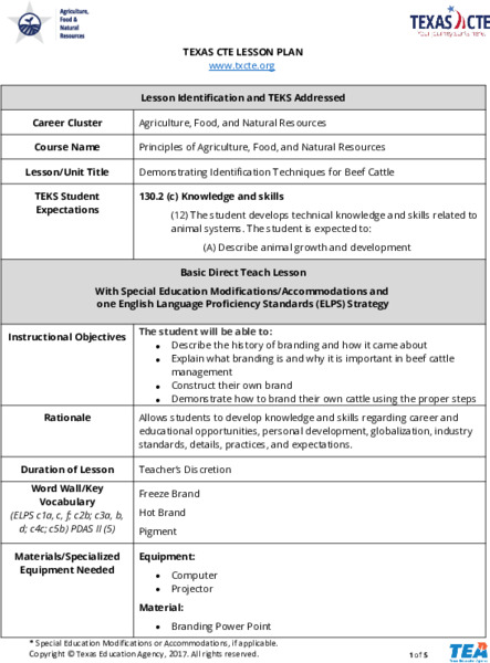 Demonstrating Identification Techniques for Beef Cattle Lesson Plan