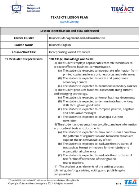 Incorporating Varied Resources Lesson Plan