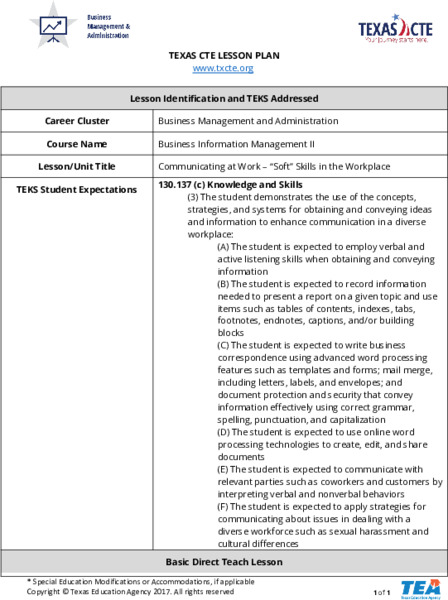 Communication at Work - Soft Skills in the Workplace Lesson Plan