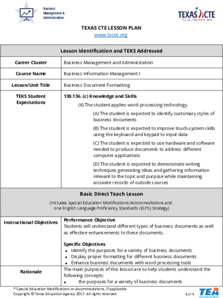 Business Document Formatting Lesson Plan