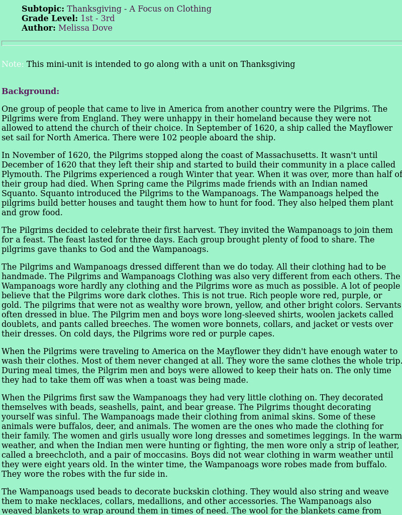 Thanksgiving - A Focus on Clothing Lesson Plan