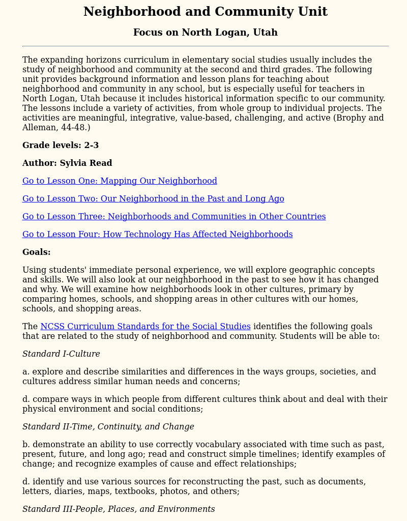 Neighborhood and Community Unit Lesson Plan