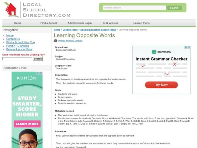 Learning Opposite Words Lesson Plan