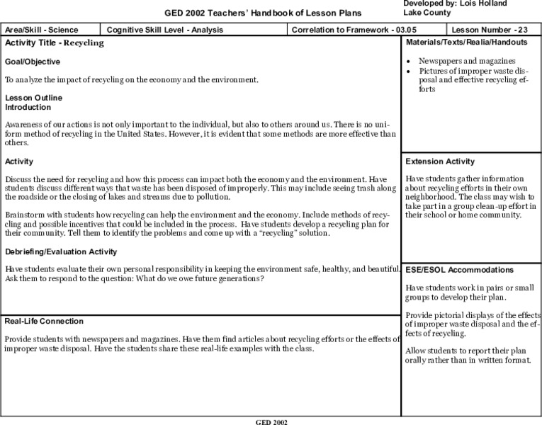 Recycling Lesson Plan