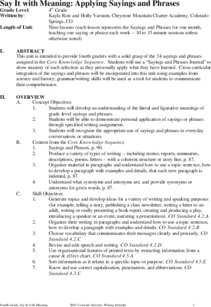 Say It with Meaning: Applying Sayings and Phrases Unit Plan
