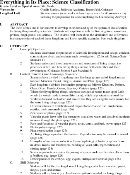 Everything in Its Place: Science Classification Unit Plan