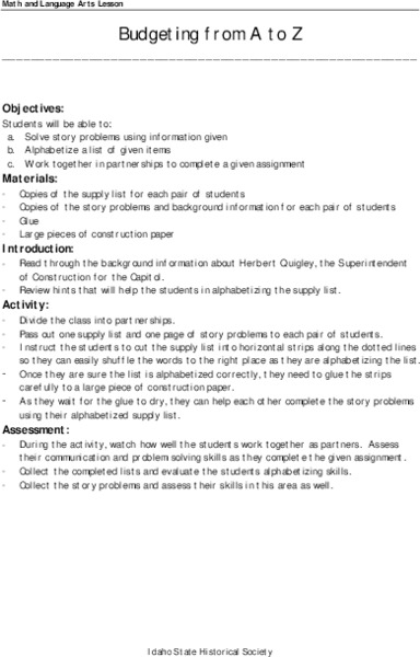 Bugeting From a To Z Lesson Plan