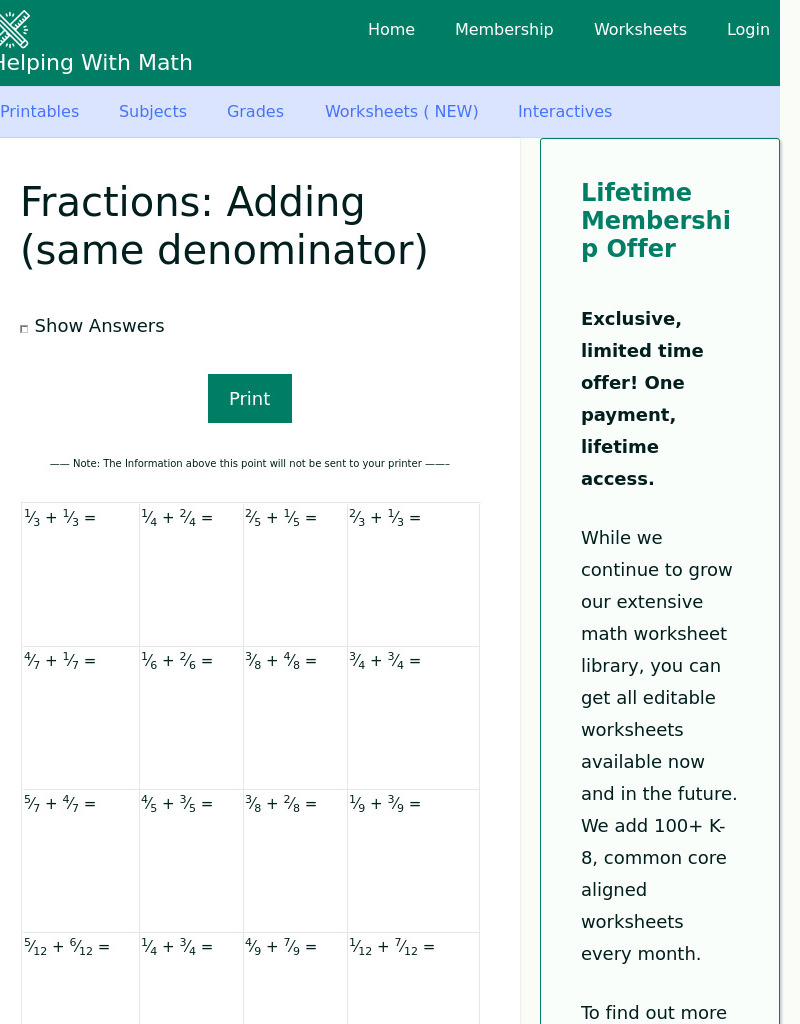 Fractions: Adding Same Denominator Worksheet