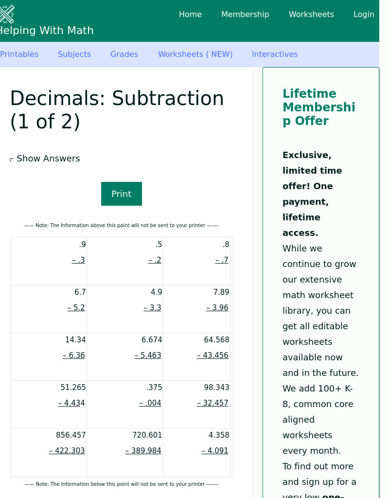 Subtraction Decimals Worksheet