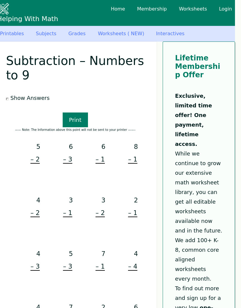 Subtraction Numbers to 9 Worksheet