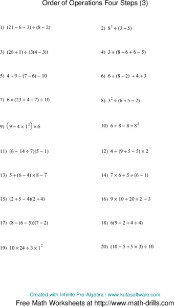 Order of Operations Four Steps 3 Worksheet