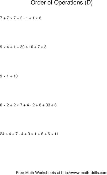 Order of Operations D Worksheet