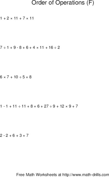 Order of Operations F Worksheet