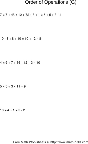 Order of Operations G Worksheet