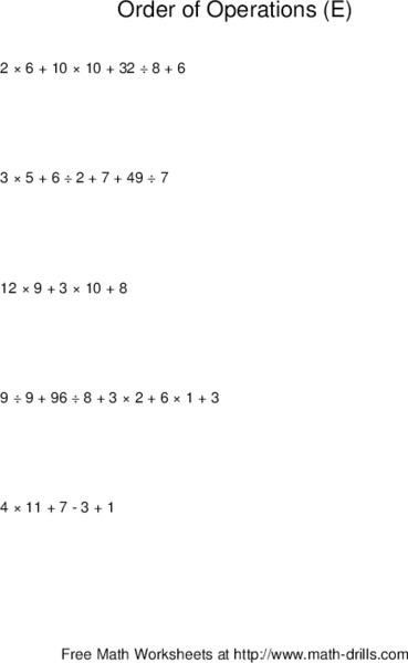 Order of Operations E Worksheet