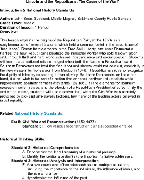 Lincoln and the Republicans: The Cause of the War? Lesson Plan