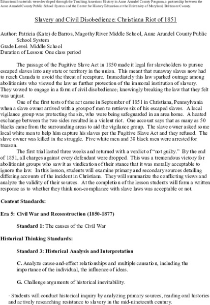 Slavery and Civil Disobedience: Christiana Riot of 1851 Lesson Plan