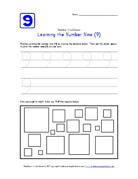 Learning the Number Nine (9) Worksheet