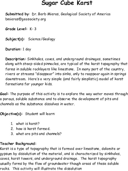 Sugar Cube Karst Lesson Plan