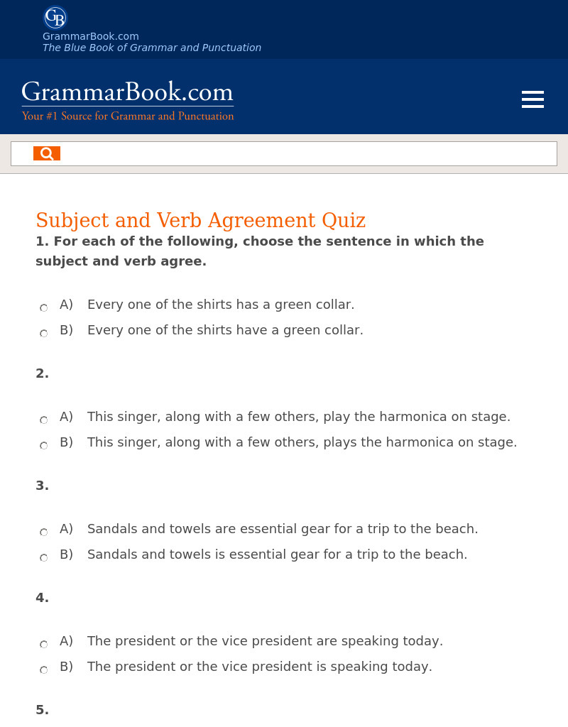 Subject and Verb Agreement Quiz Interactive
