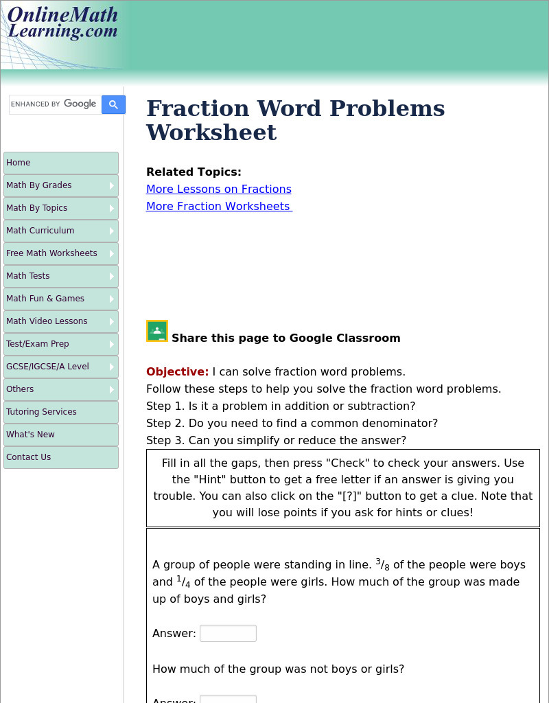 Fraction Word Problems Interactive