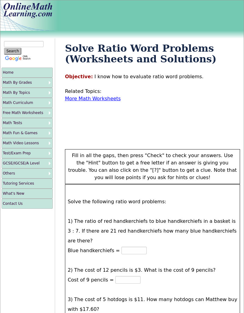 Ratio Problems Worksheet 3 Interactive