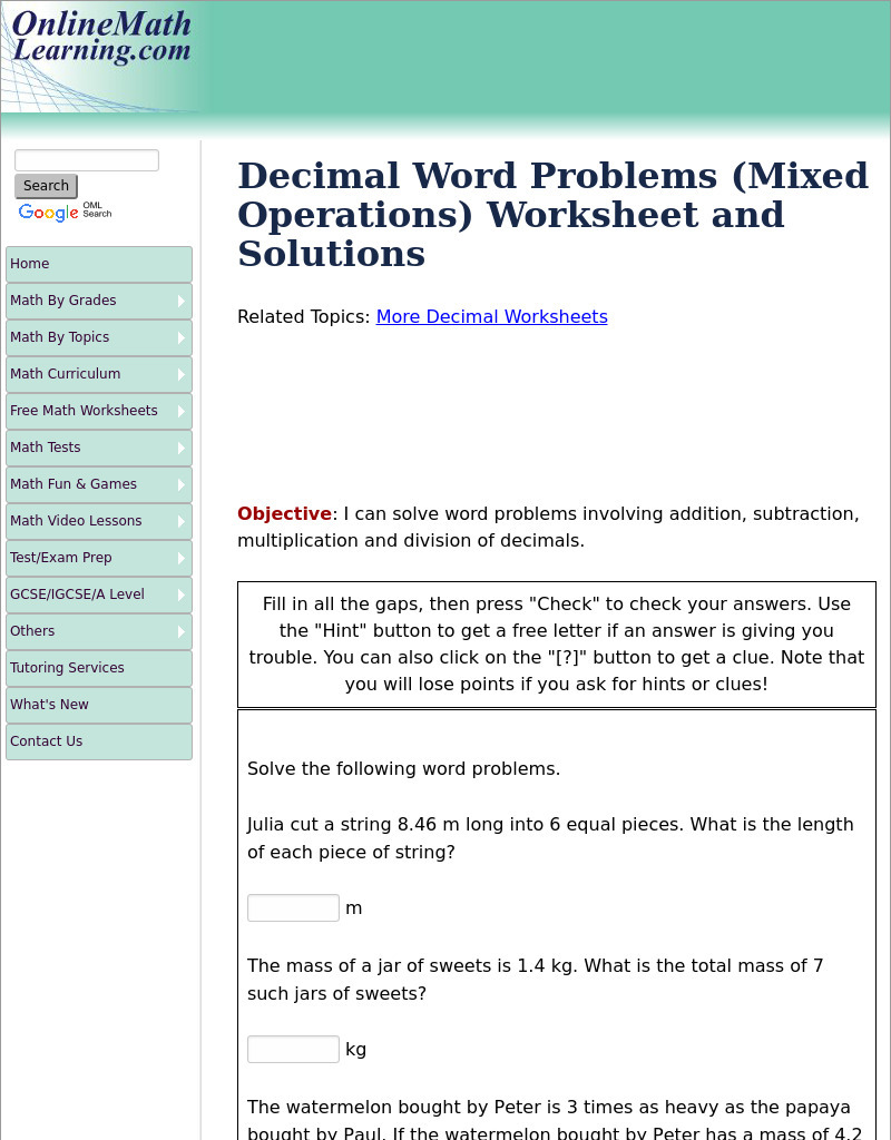 Mixed Operations: Decimal Word Problems Interactive