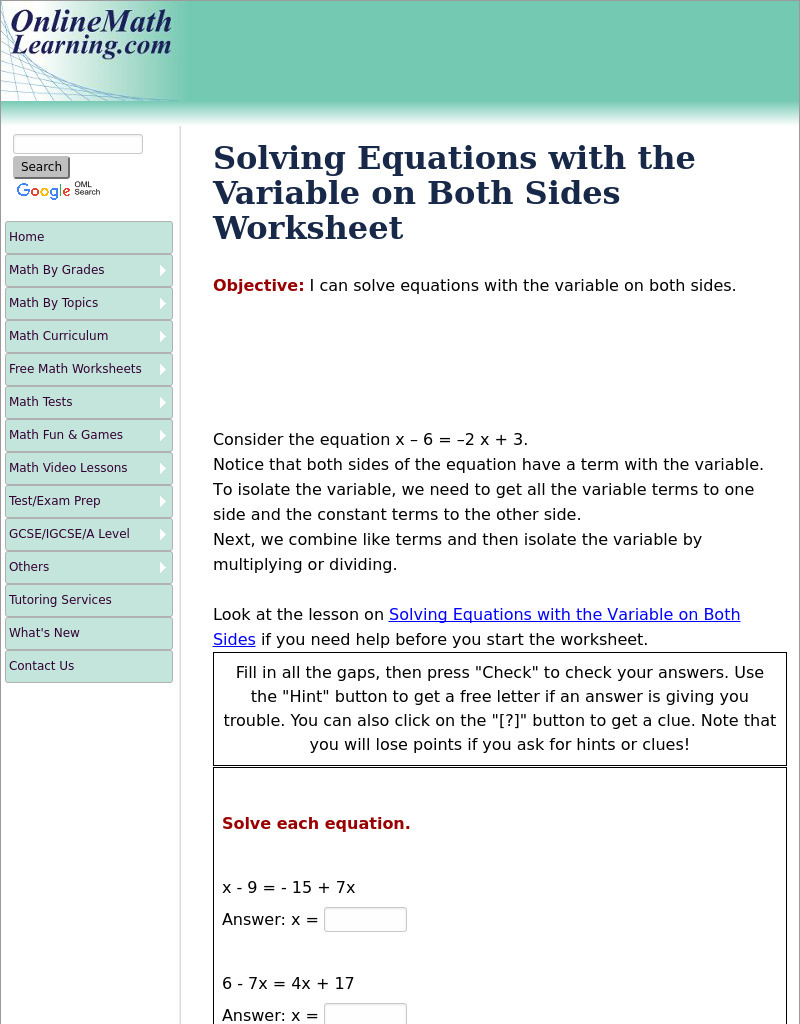 Solving Equations with the Variable on Both Sides Interactive