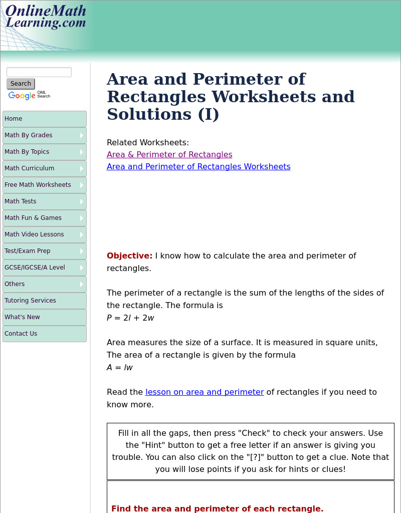 Area and Perimeter of Rectangles Worksheets (I) Interactive