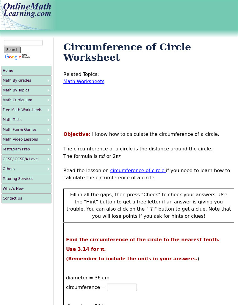 Circumference of Circle Worksheets Interactive
