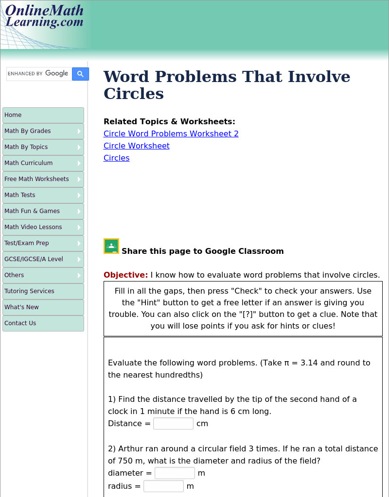 Word Problems that involve Circles Interactive