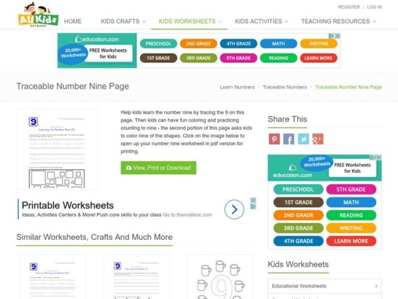 Learning the Number Nine (9) Worksheet