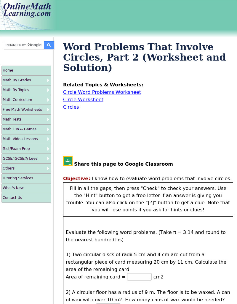 Word Problems that involve Circles Interactive